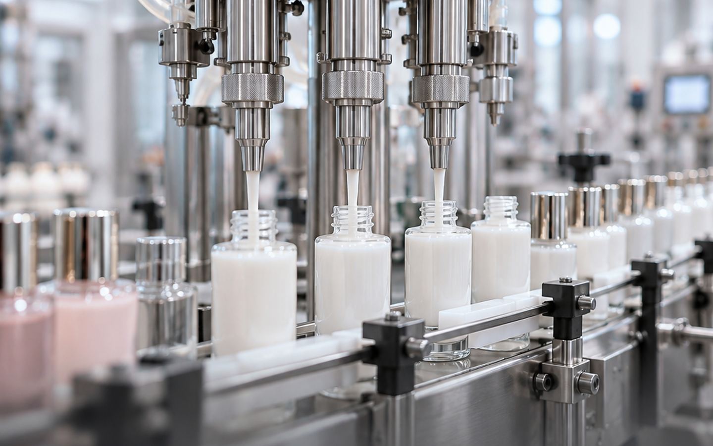 Cosmetic filling line running white bottles through a capping machine
