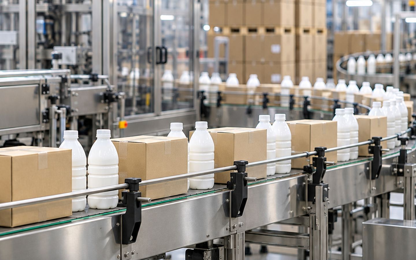 FMCG packing line moving cartons and bottles along a conveyor