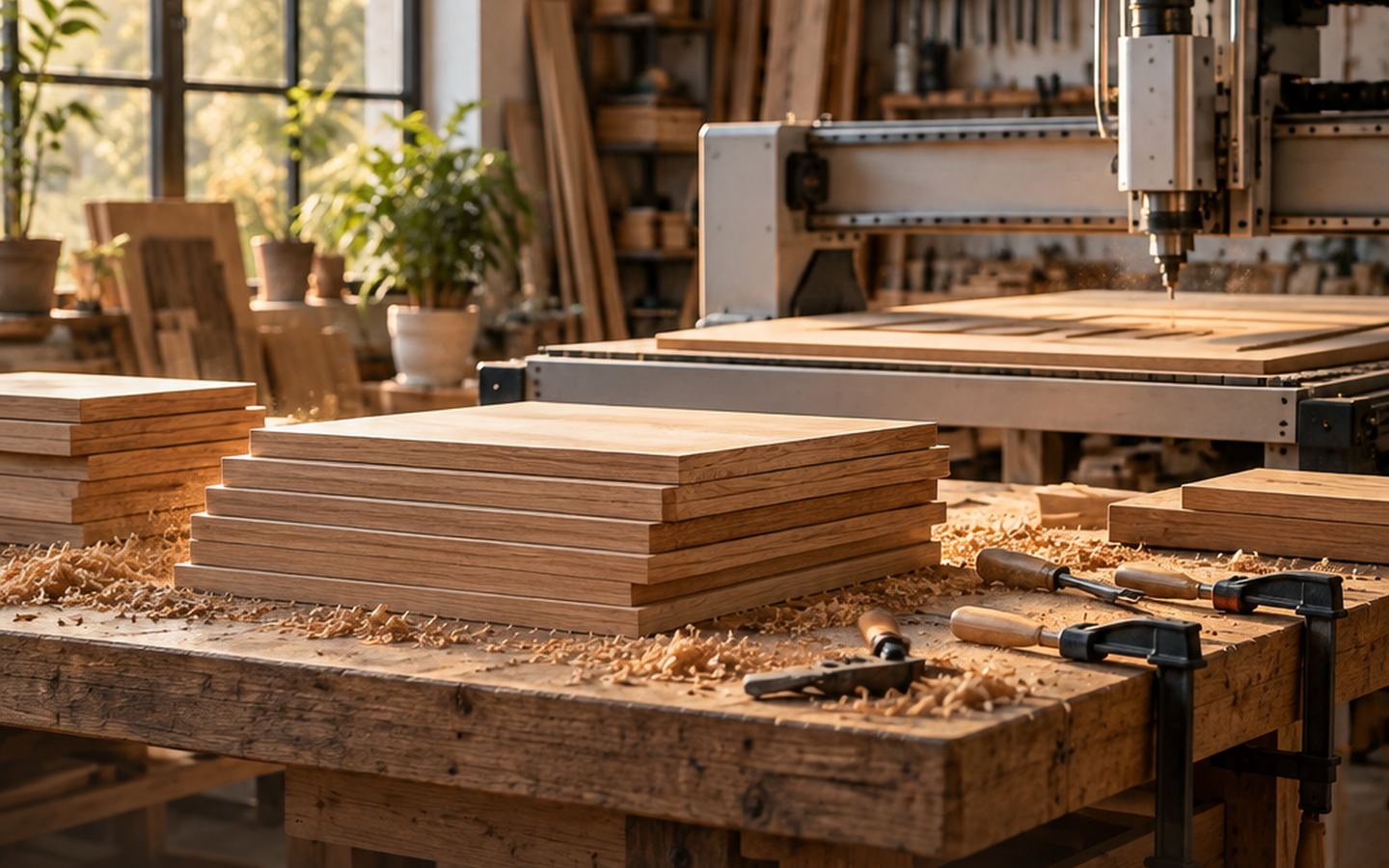 Furniture workshop with stacked timber boards and a CNC cutting machine