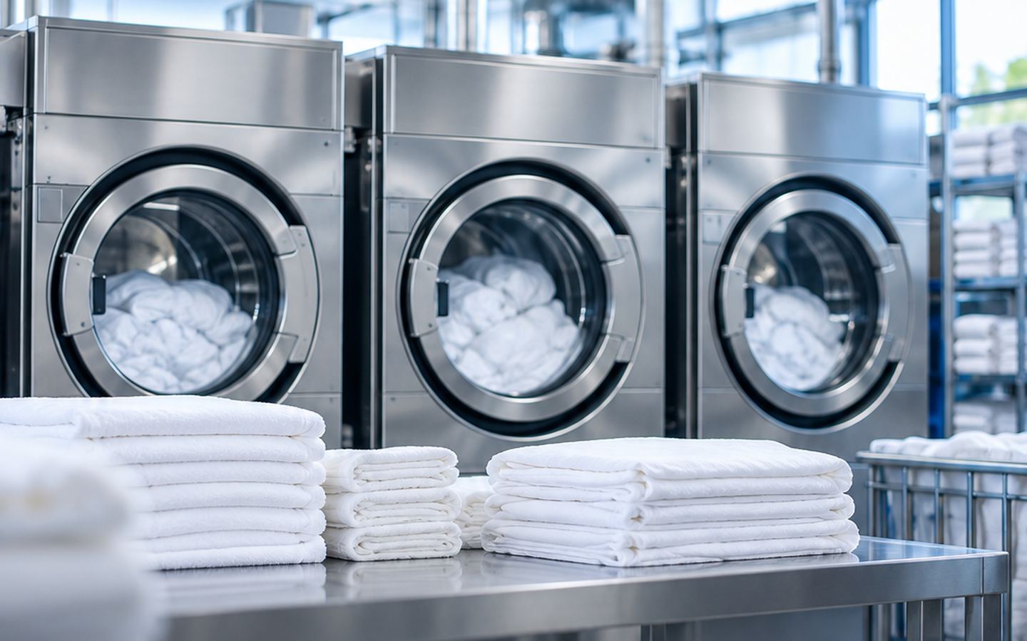 Row of commercial washing machines with folded linen in a laundry