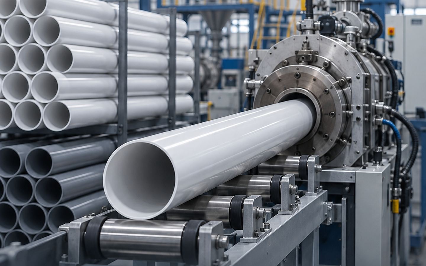 Stacked white PVC pipes coming off an extrusion line
