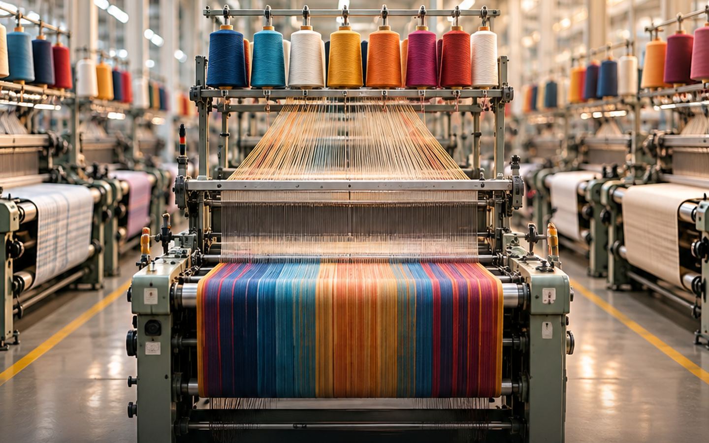 Industrial loom weaving multicoloured fabric in a textile mill